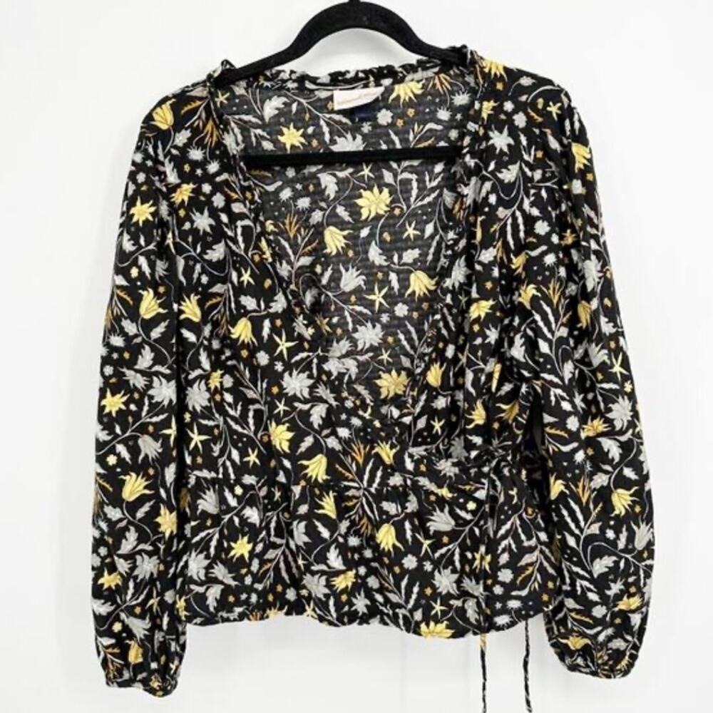 Universal Thread Women's Top Blouse Wrap Black Yellow Floral Wrap XL